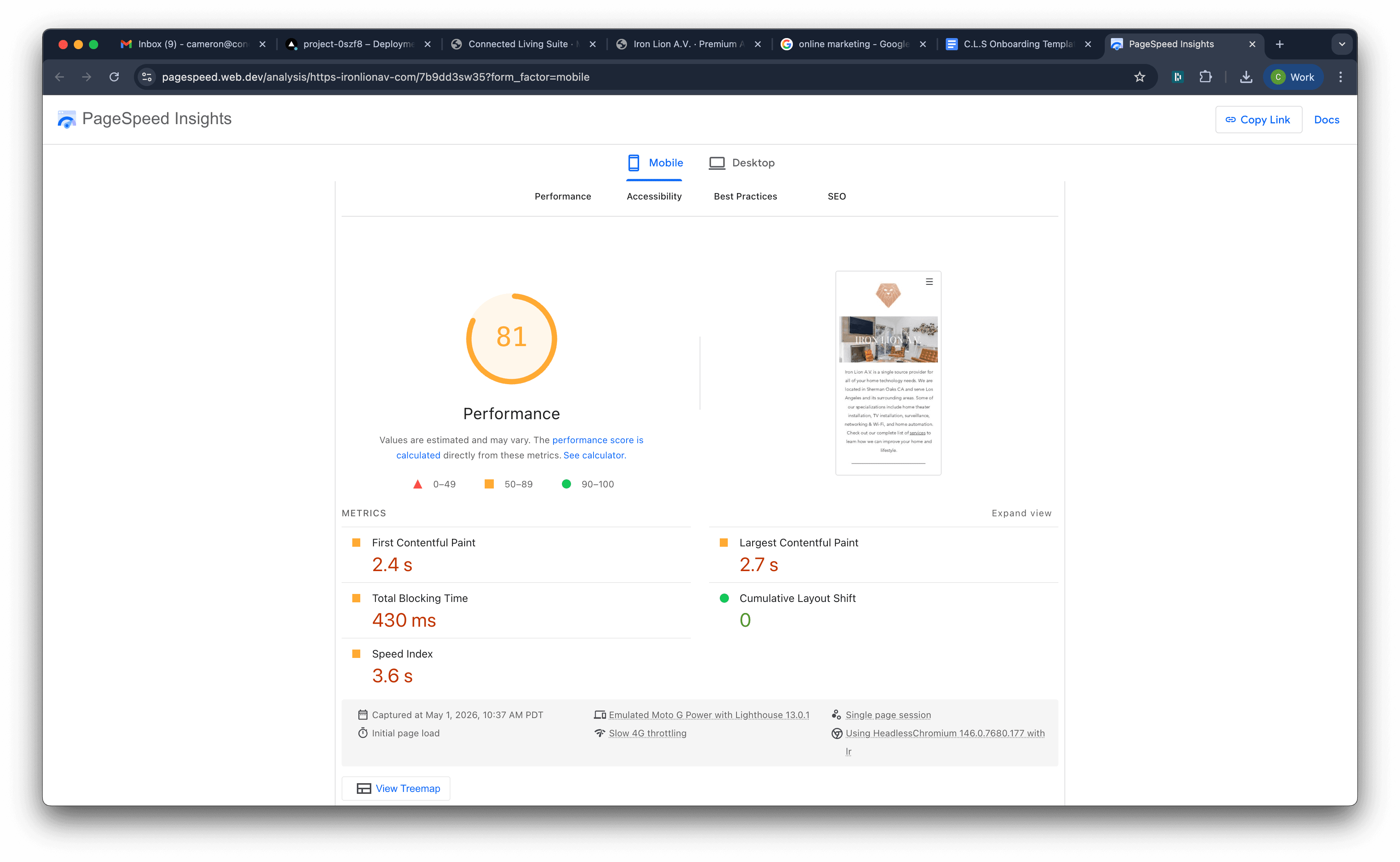 Mobile PageSpeed before rebuild